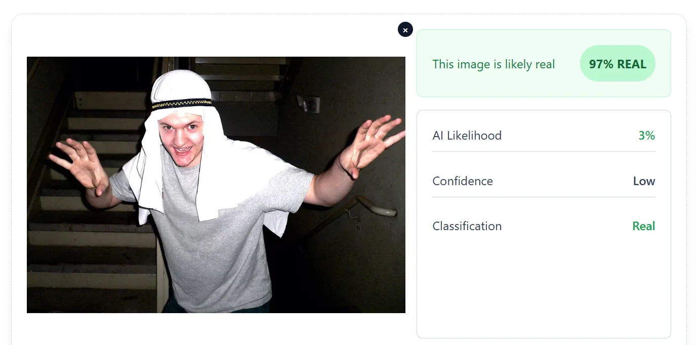 AI Detection results showing the original image is 97% real